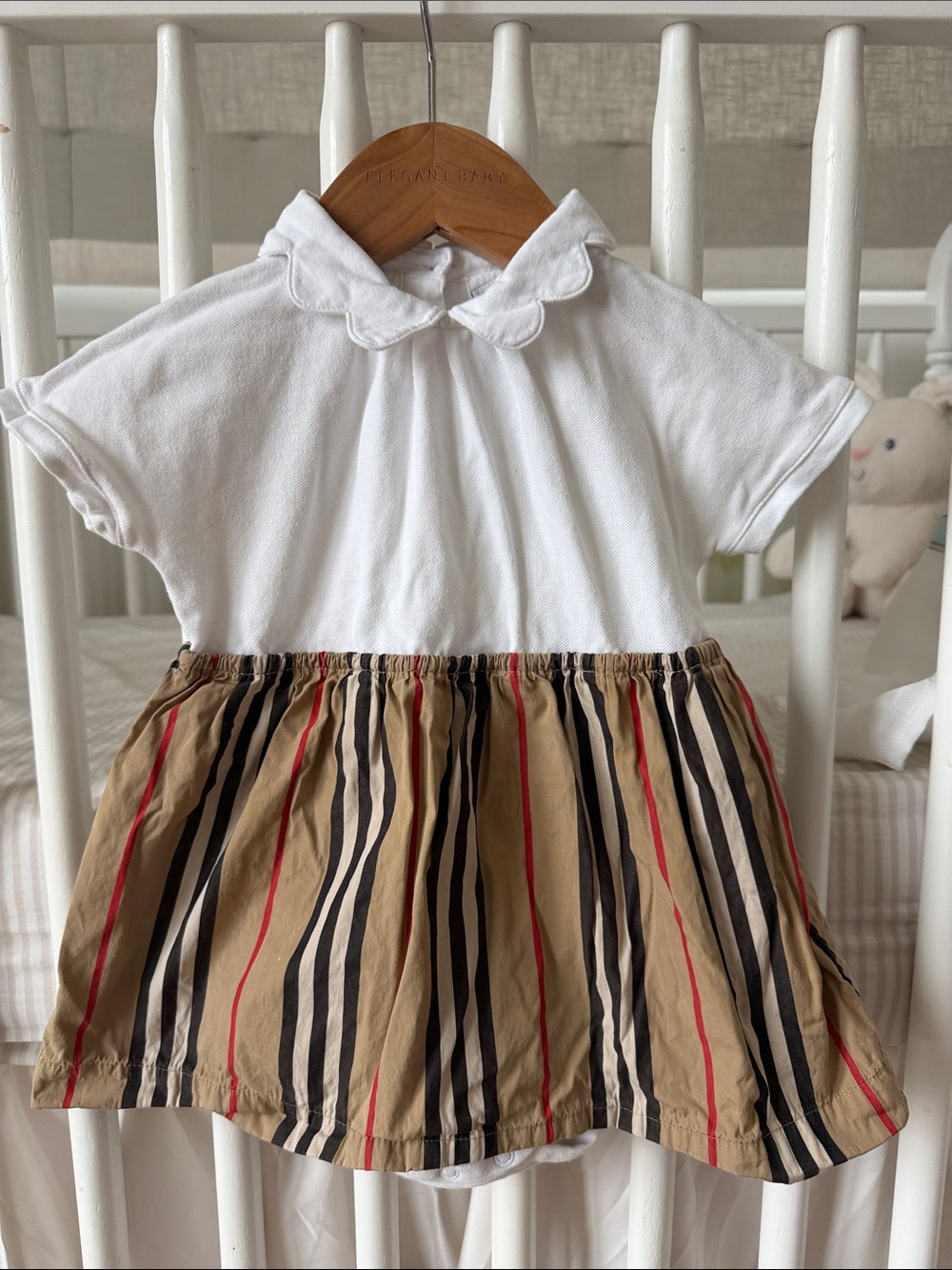 Authentic Burberry White Peter Pan Collar Baby Dress with Striped Skirt